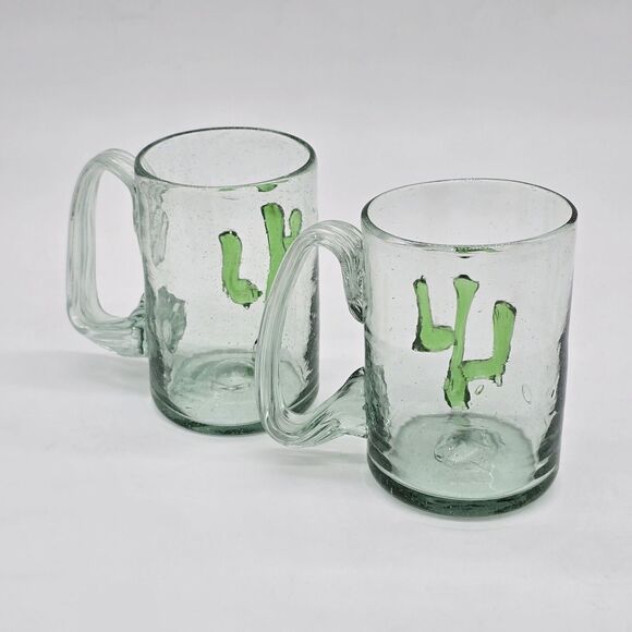 Set of 2 Large Hand Blown Beer Mugs Saguaro Cactus - Picture 2 of 7